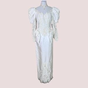 Vintage Wedding Dress sz 6/8 Poofy Sleeves High neck Lace Embroidery Bridal Gown